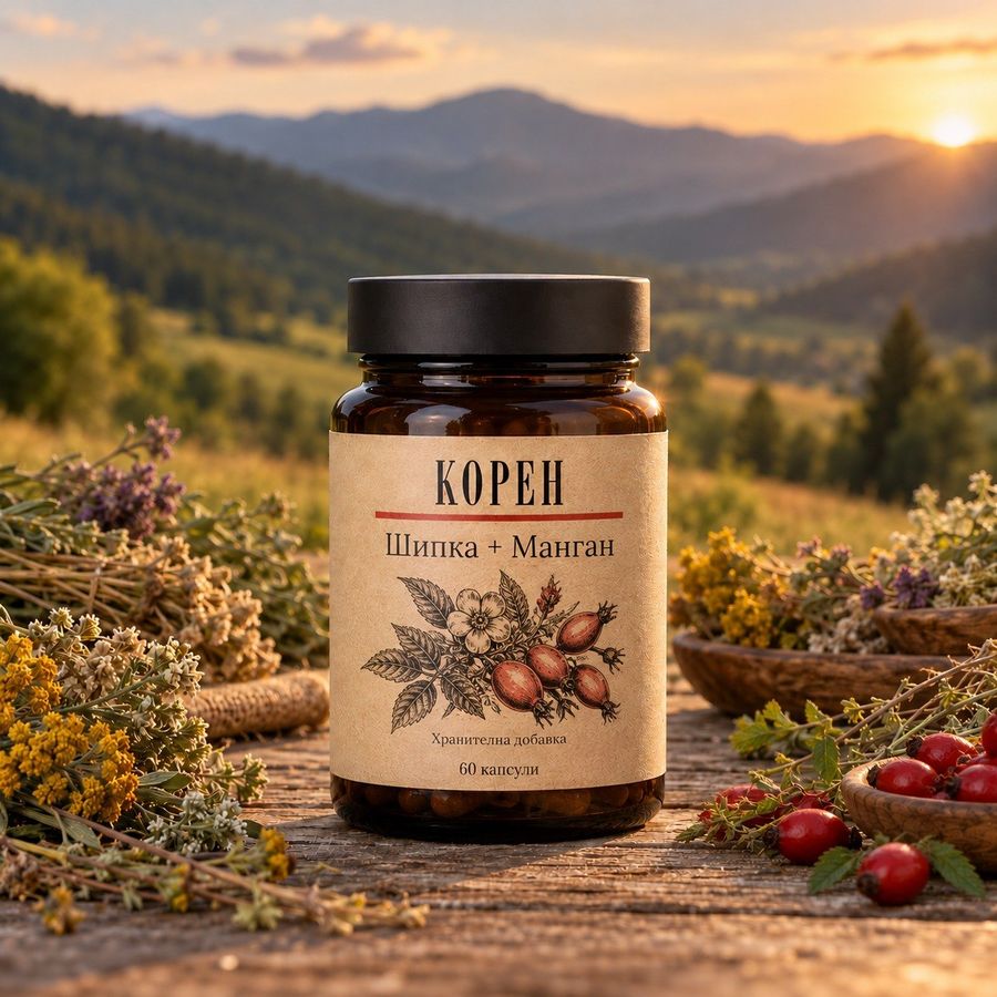 Бурканче Корен Шипка + Манган — 60 капсули, хранителна добавка